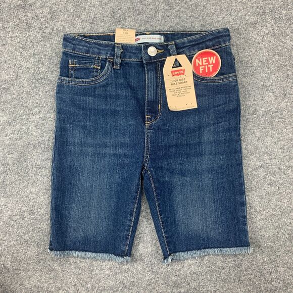 Levis Bike Jean Short Girls 10R Blue Denim Cut Off High Rise Fringe Hem Skinny - Picture 2 of 12